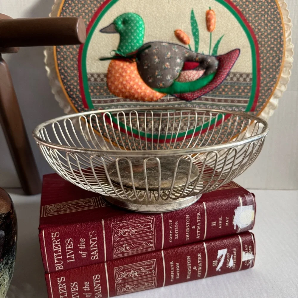 Vintage Silver Plated on Steel Wire Fruit Basket Mid-century Modern Cottagecore